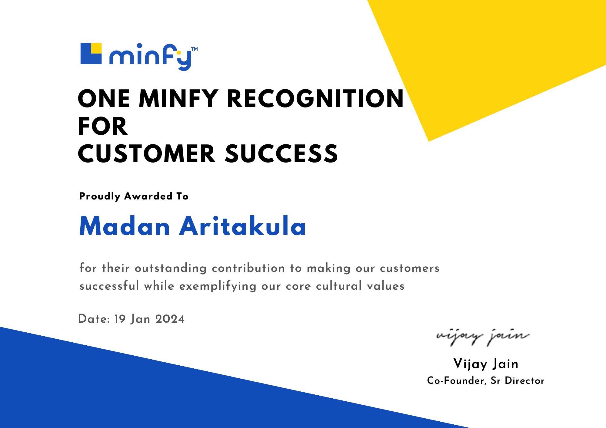 One Minfy Recognition for Customer Success